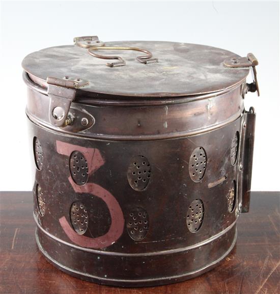 An unusual 19th century copper food canister, by repute the property of Francis Leopold McClintock, Admiral and Explorer, Diam. 11in. H